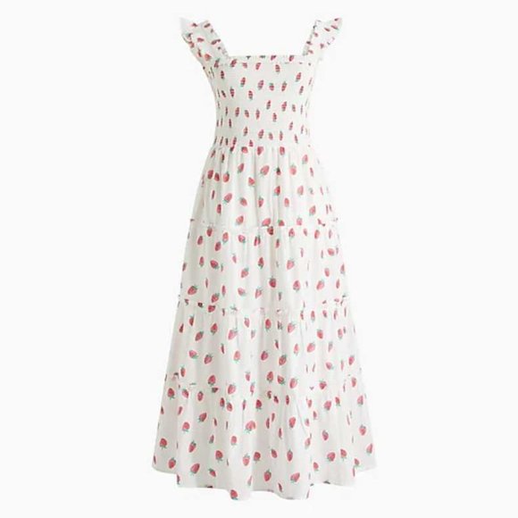 New J Crew Factory strawberry smocked tiered midi dress strawberries - Picture 8 of 10